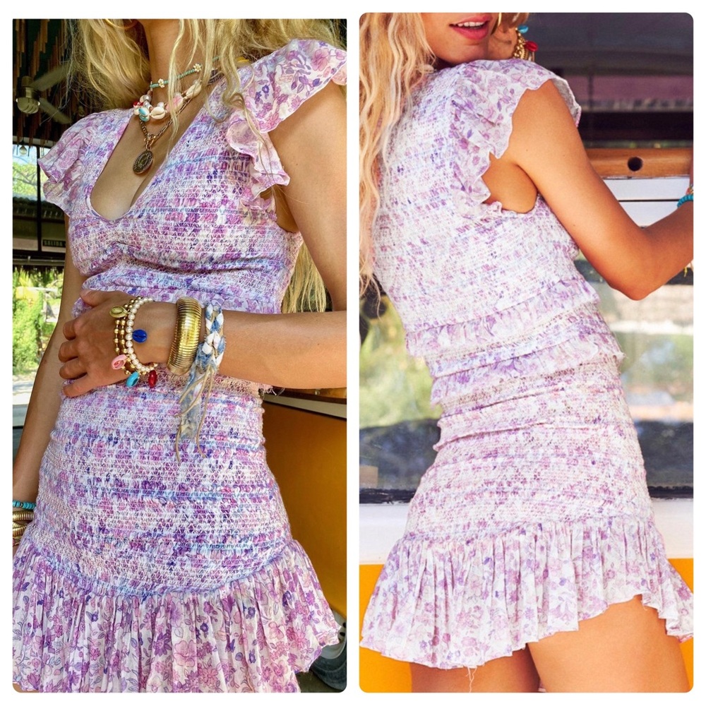 LoveShackFancy Sonora Ruffled Smocked Mini Dress Purple Floral Sz Small NWOT